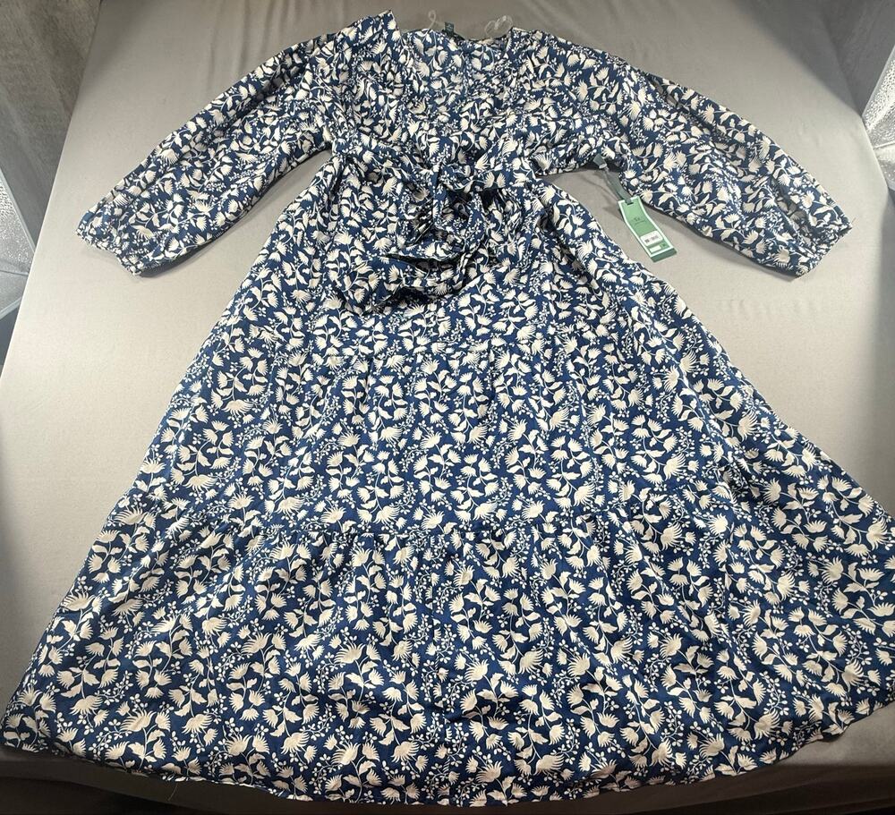 Terra & Sky Women’s Plus 1X Floral Midi Dress NWT Navy Ivory Boho Tie Waist